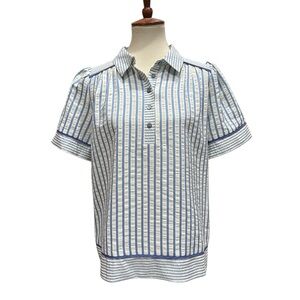 She + Sky Oversized Striped Half Button Short Sleeve Top Size Small New